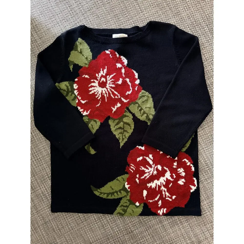 JONES NEW YORK SPORT 100% Cotton Floral Intarsia 3/4 Sleeve Sweater Black Red M
